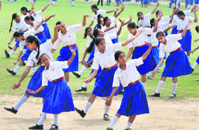 Schoolchildren participate in rehearsals for the Independence Day celebrations in Karnal.
