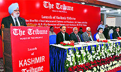 The Tribune Trust President Justice (retd) SS Sodhi addresses the gathering during the launch of Kashmir Tribune in Srinagar on Thursday. Sitting on the dais from left to right are Editor-in-Chief of The Tribune group of newspapers Raj Chengappa, Trustee of The Tribune Trust Lt Gen (retd) SS Mehta, Chief Guest and J&K Governor NN Vohra, Chief Minister Omar Abdullah, Trustee of The Tribune Trust Naresh Mohan and General Manager of The Tribune Trust Sanjay Hazari