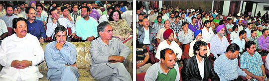 From left: J&K Cabinet ministers Peerzada Mohammad Sayed, Mian Altaf, Ghulam Hassain Mir. Tribune photo: Anand Sharma; Various dignitaries present at the launch function. Tribune photo: Anand Sharma
