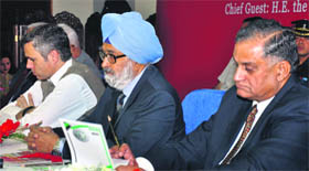 From left: J&K Chief Minister Omar Abdullah, The Tribune Trust President Justice (retd) SS Sodhi and The Tribune Trustee Naresh Mohan during the event.