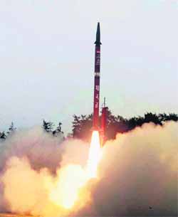 Ballistic missile Agni-II lifts off from Wheeler Island in Odisha on Thursday. 