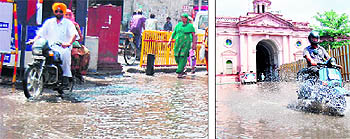 Water-logged roads at Jalianwala Bagh road and near the Town Hall in Amritsar on Friday