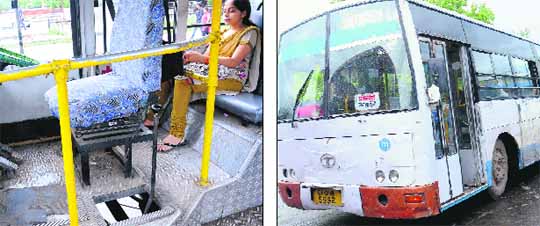 Due to a technical flaw in the low-floor buses, a wide gap has been made in the floor for an easy movement of the gear lever. The gap is wide enough for an infant to fall into it; and (right) A low-floor bus of the CTU in poor shape.