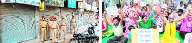 Traders shut their shops in protest against the decision to demolish their units inside the Durgiana Mandir complex in Amritsar on Saturday. (Right) Traders and residents are up in arms. photo: Sameer Sehgal 