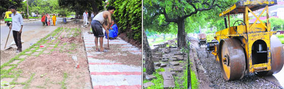 Instead of maintaining the already laid tiles, the MC is wasting public money on laying another row of paver blocks in Sector 19; and (right) paver blocks laid in Sector 21 have been removed for widening of the road.