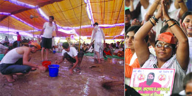 Followers of yoga guru Baba Ramdev drain out water after heavy rains lashed the city on Saturday, the third day of his protest against corruption, at Ramlila Grounds in New Delhi. The rains, however, could not deter the supporters (right), who stood by the Baba.