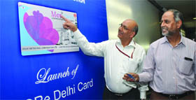 Secretary, Ministry of Urban Development, Dr Sudhir Krishna (R) with DMRCs Managing Director Mangu Singh (L) launching the More Delhi card in New Delhi on Saturday.