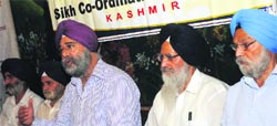 President of the All Parties SIkh Coordination Committee Jagmohan Singh Raina addresses mediapersons in Srinagar on Saturday. Photo: Amin war