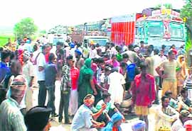 Members of Sutlej Bachao Sangharsh Committee block the Rahon-Machhiwara road in Nawanshahr on Saturday.