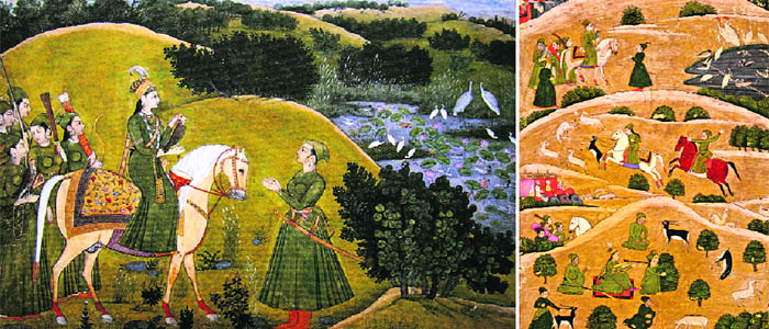 A Mughal Princess Out Hawking. Pahari; by Nainsukh; ca. 1740. National Museum, New Delhi; and Mughal Princesses, Hawking and Hunting. Late Mughal; ca. 1720. Chandigarh Museum 