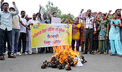 Members of the district unit of the TET Union, Punjab, burn an effigy of the state government near the bus stand in Bathinda on Sunday