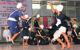 Participants at a gatka competition organised by Shrimani Gatka Foundation of India at Gurdwara Singh Sabha Phase I in Mohali on Sunday.