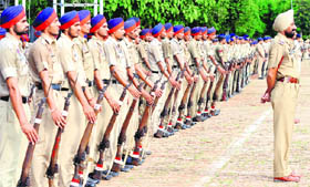 Policemen rehearse ahead of the Independence Day at the Parade Ground in Sector 17, Chandigarh.