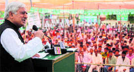 PDP patron Mufti Mohammad Sayeed addresses a gathering during the foundation day celebrations of the party in Jammu on Sunday.