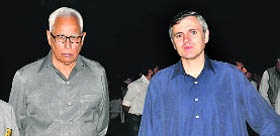 Governor NN Vohra and Chief Minister Omar Abdullah during an iftar party at the Raj Bhawan in Srinagar on Sunday.