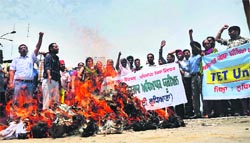 The employees burn an effigy of the Punjab government at the Bharat Nagar Chowk in Ludhiana. photo: inderjeet verma