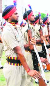 Jawans of the Punjab Police during the full dress rehearsal for the Independence Day function at Guru Nanak Dev Stadium in Amritsar on Monday.