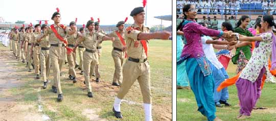 Participants at the Independence Day parade undergo full-dress rehearsal at the Sports Stadium in Bathinda on Monday; girl students perfect their gidha steps.