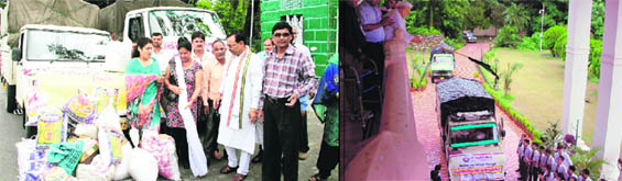 Vehicles with relief material ready to move to Uttarkashi; and (right) trucks being flagged off at Raj Bhawan in Dehradun on Monday.