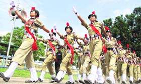 In sync NCC cadets take part in the march past during the full dress rehearsal for the Independence Day function at the PAP grounds in Jalandhar on Monday
