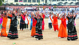 Students rehearse for the Independence Day celebrations at the Mini-Parade ground in Jammu on Monday.