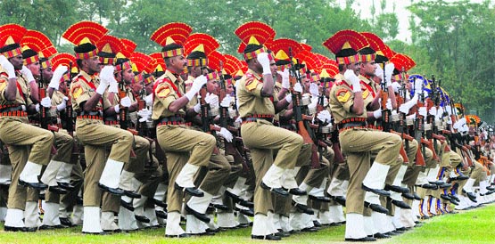 March of Freedom: BSF soldiers take part in a rehearsal for the Independence Day parade at Bakshi Stadium in Srinagar on Monday. Photo: Amin War
