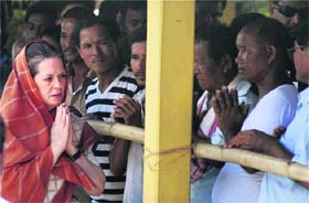 UPA chief Sonia Gandhi at a relief camp in Kokrajhar
