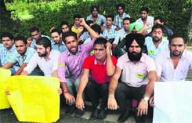 Members of the Student Organisation of Panjab University stage a protest outside the Vice-Chancellor office at Panjab University, Chandigarh