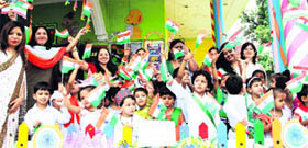 Tiny tots of Poly Kids School during the Independence Day celebrations in Dehradun on Tuesday.