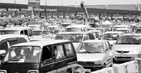 A traffic jam at the Gurgaon-Delhi toll plaza.