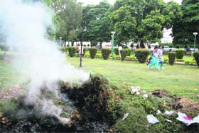 Waste being burnt in the open at Green Field Park in the Gandhi Nagar area of Jammu