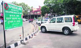 Vehicles parked in a no-parking area at the Gole Market in Jammu