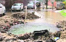 Potable water goes waste due to the damaged pipeline at the New Deep Nagar area in Ludhiana on Tuesday.