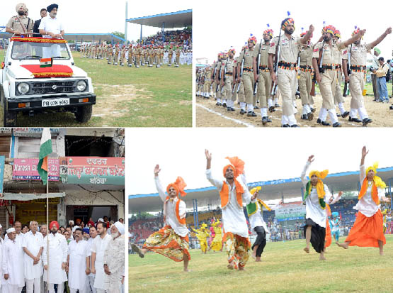 (Clockwise from top) Education Minister Sikandar Singh Maluka inspects the guard of honour during the Independence Day function held at the Sports Stadium in Bathinda on Wednesday; march past by a police contingent in progress; students perform bhangra; and former Bathinda MLA Harminder Singh Jassi along with other Congress leaders celebrate the day at the office of District Congress Committee in Bathinda.