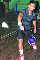 A shuttler in action at the Tau Devi Lal Stadium in Sector 3, Panchkula, on Thursday. 