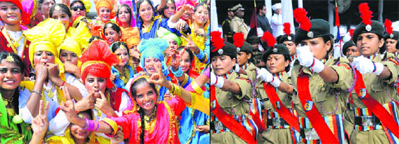 Students of GMSSS-40 break into a frenzy; and (right) NCC cadets take part in a march past at Sector 17 in Chandigarh.