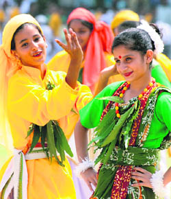 Students perform a dance during the Independence Day celebrations in Karnal. 
