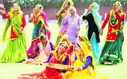 Students perform a dance during the district-level Independence Day celebrations in Jalandhar on Wednesday. Photo: Sarabjit Singh
