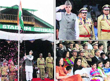 (Clockwise from left) Chief Minister Omar Abdullah unfurls the Tricolour at Bakshi Stadium in Srinagar on Wednesday; the Chief Minister inspects a guard of honour; and Omars sisters along with their children watch the I-Day ceremony