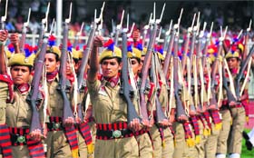 A women contingent takes part in the Independence Day parade at Guru Nanak Stadium in Ludhiana