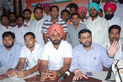 Youth Congress leaders interact with the media in Bathinda on Friday. Tribune photo: Pawan Sharma