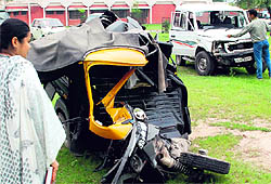 The autorickshaw that was hit by a police vehicle (right) is parked at the Chandimandir police station, Panchkula, on Friday