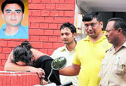 Grieving family members of the deceased, Anoop (inset), at Sector 41 in Chandigarh on Friday
