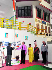 Col Amrit Khanna (retd) hoists the Tricolour during the Independence Day celebrations at The Aryan School in Dehradun.