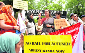Left leader Brinda Karat addresses protesting activists of the All-India Democratic Womens Association in Delhi on Friday