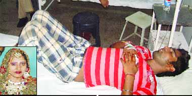 Harwinder Singh, husband of deceased Mandeep Kaur (inset), admitted to the Civil Hospital in Shahkot on Friday.