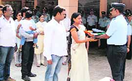 Neha Tomar, wife of late Squadron Leader Dharmendra Tomar who was killed in a Mig-29 fighter aircraft crash, at the funeral ceremony of the pilot at Adampur Air Force Station on Friday. 