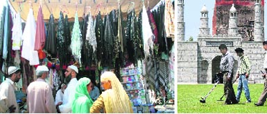 People making last-time purchases at Talab Khatikaan Market in Jammu on Friday; and (right) security personnel take a round of Eid Gah ground in Jammu ahead of Eid-ul-Fitr. Tribune photos: Inderjeet Singh