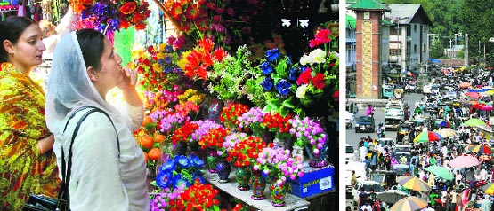 Women shop ahead of Eid-ul-Fitr in Srinagar; and (right) A market packed with shoppers as Ramadan draws to a close. Photos: Yawar Kabli