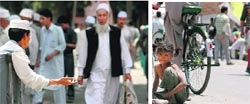 A beggar seeks alms as Eid festivity picks up in the Valley (L) and A child beggar sits in the middle of a road to seek alms in Srinagar. The Valley has seen a huge influx of beggars from different parts of the country ahead of the Eid celebrations. Photos: Yawar Kabli